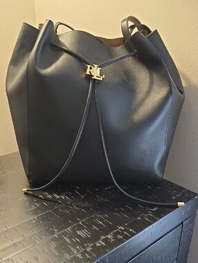 NWT - Ralph Lauren Black Leather Drawstring Tote with Gold RL Accent